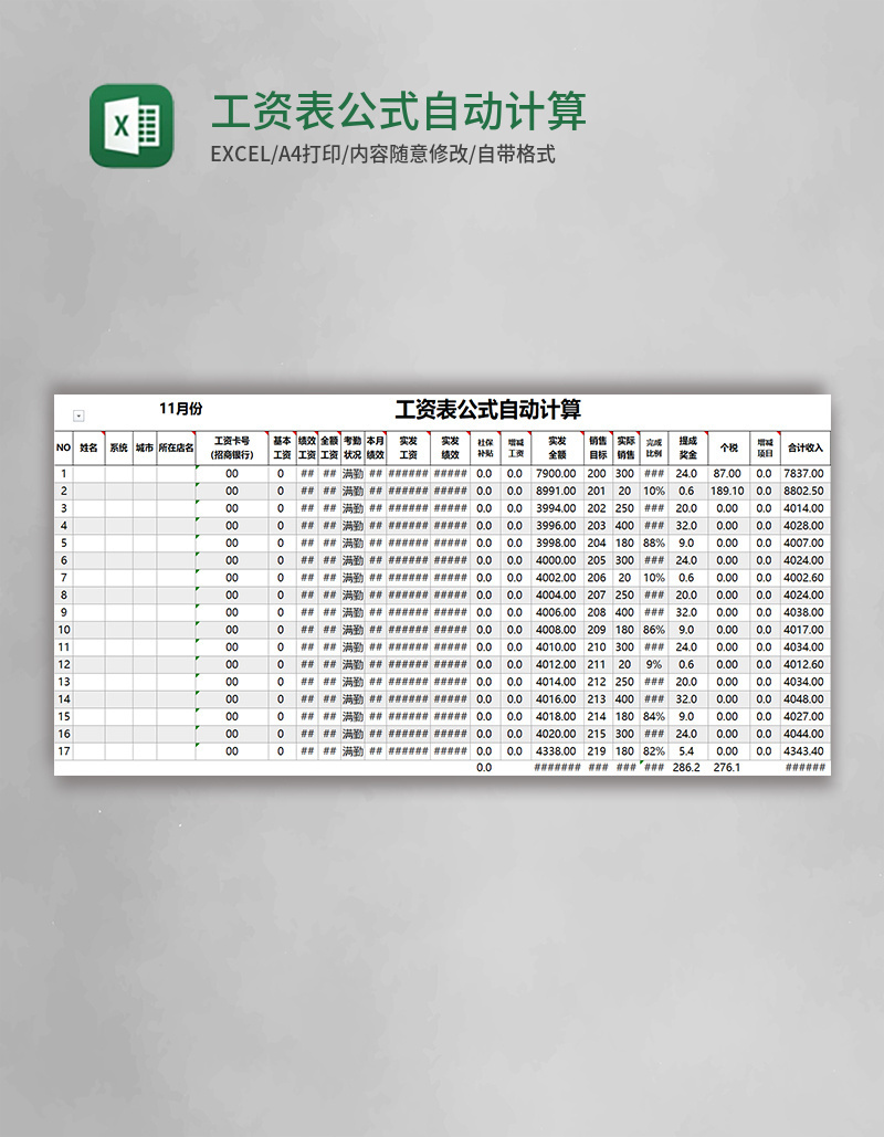 工资表公式自动计算excel表格模板