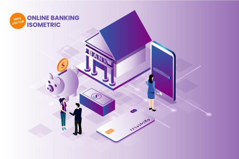 2.5D等距插画线上银行金融理财AI矢量素材isometric online banking vector illustration