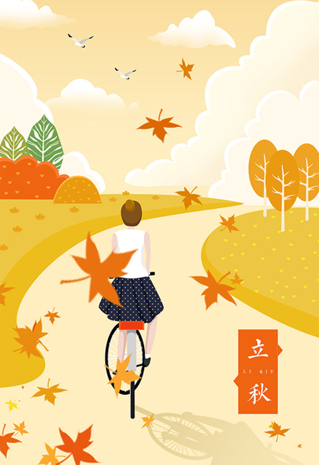 唯美清新扁平少女户外骑单车立秋节气插画 唯美清新扁平少女户外骑单车立秋节气插画