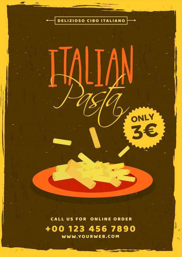 意大利面食菜单卡模板或传单设计。