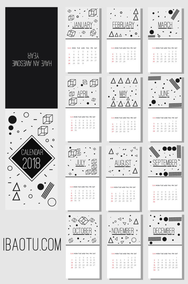 黑灰色不规则图形简约2018日历台历矢量