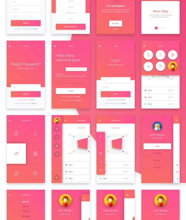 素描应用移动模板和Material Design UI元素，Matta Material UI Kit