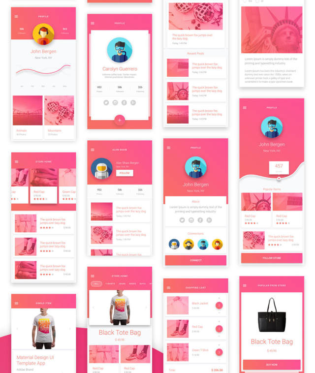 素描应用移动模板和Material Design UI元素，Matta Material UI Kit