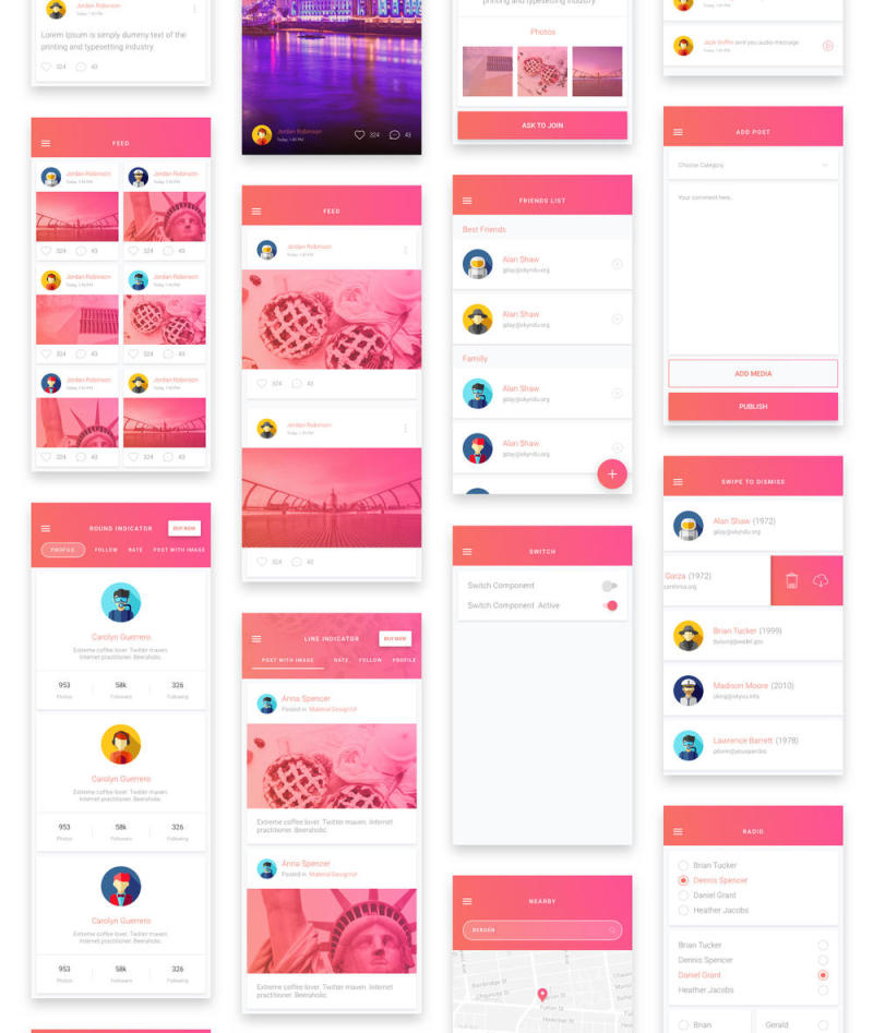 素描应用移动模板和Material Design UI元素，Matta Material UI Kit