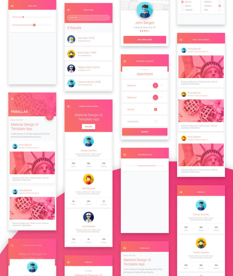 素描应用移动模板和Material Design UI元素，Matta Material UI Kit