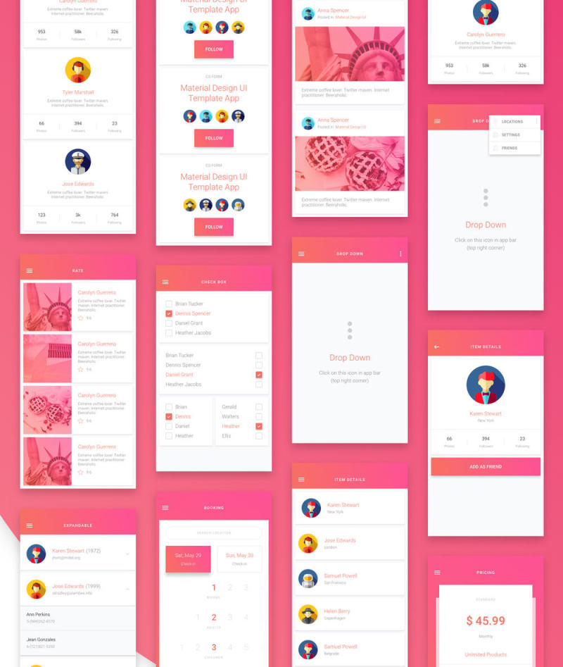 素描应用移动模板和Material Design UI元素，Matta Material UI Kit