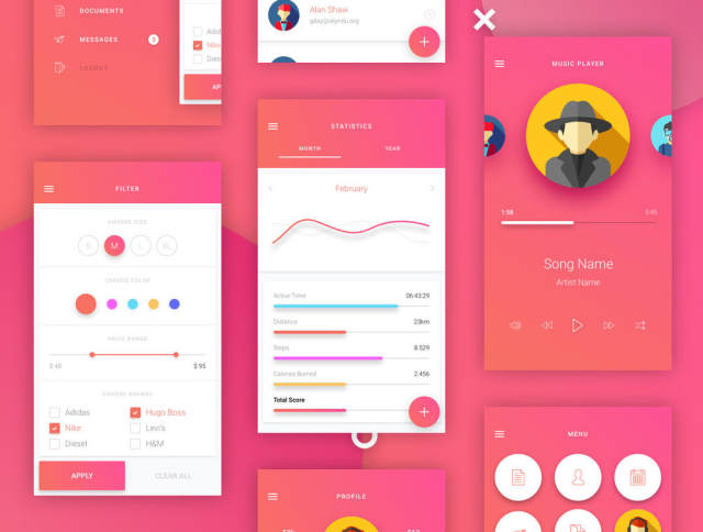 素描应用移动模板和Material Design UI元素，Matta Material UI Kit