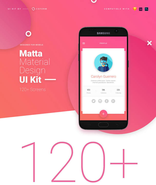 素描应用移动模板和Material Design UI元素，Matta Material UI Kit