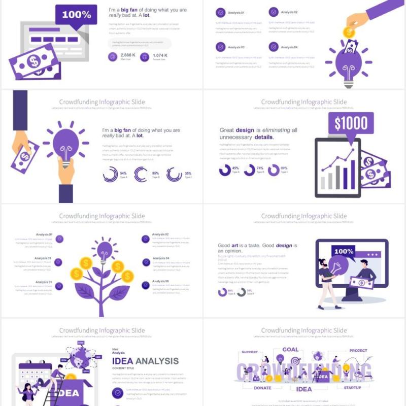 11套色系商业集资众筹项目想法创意人物插画PPT素材Crowdfunding - PowerPoint Infographics