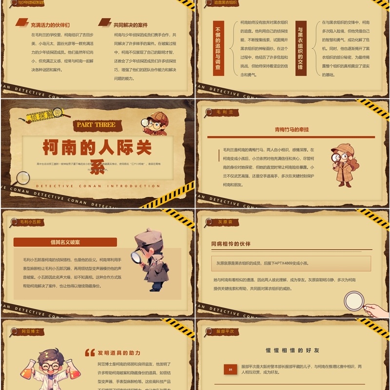 棕色卡通风侦探柯南介绍PPT模板