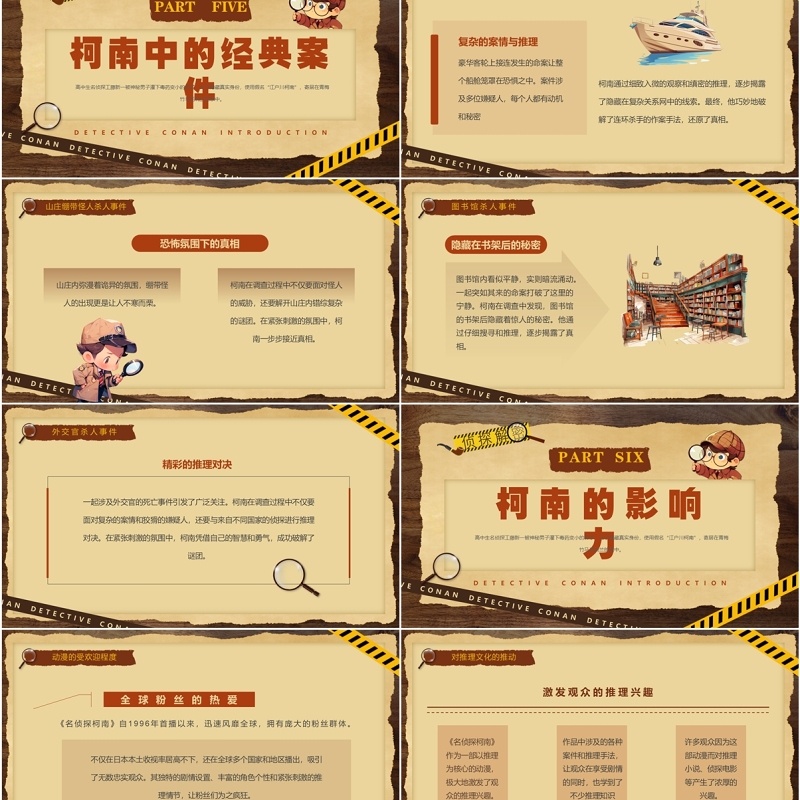 棕色卡通风侦探柯南介绍PPT模板