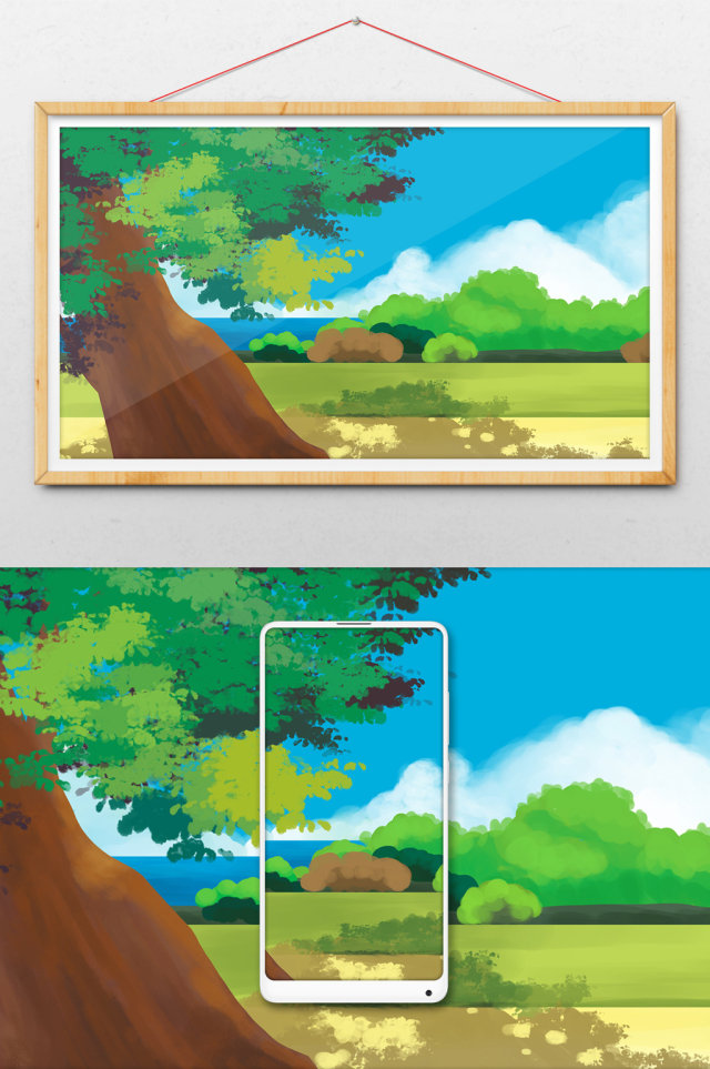 唯美清新绿色系海边的大树手绘插画背景 唯美清新绿色系海边的大树手绘插画背景