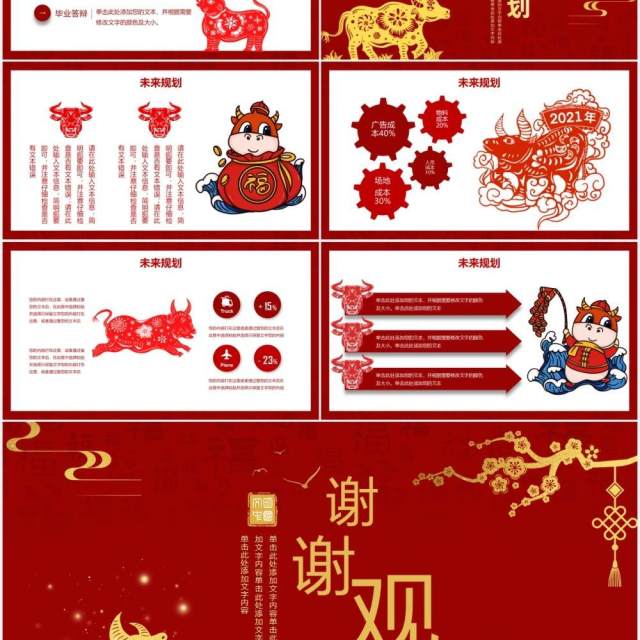 红色中国风牛年新年工作计划汇报总结PPT模板