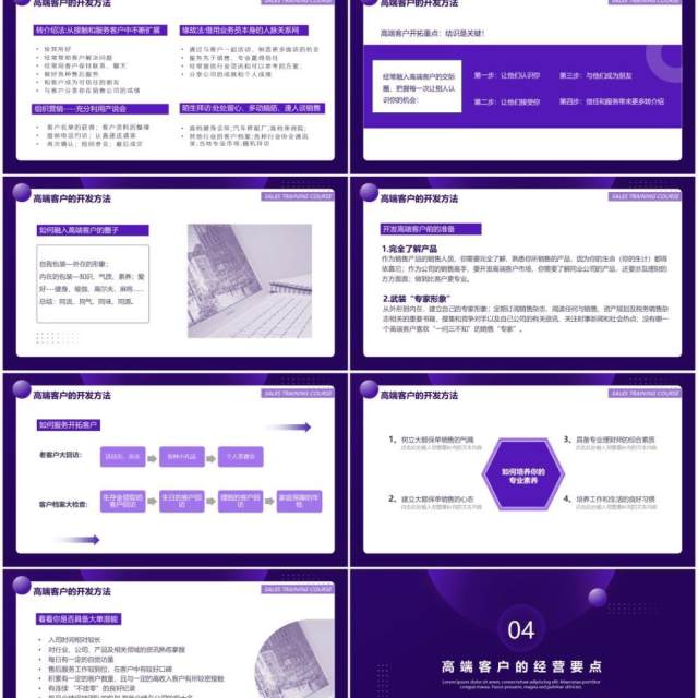 紫色商务风企业销售培训高端客户的开拓与经营系列课程PPT模板 紫色商务风企业销售培训高端客户的开拓与经营系列课程PPT模板