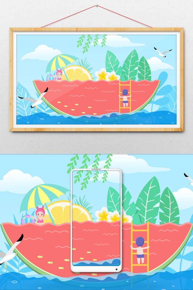文艺清新创意卡通学生西瓜游泳暑期生活插画 文艺清新创意卡通学生西瓜游泳暑期生活插画