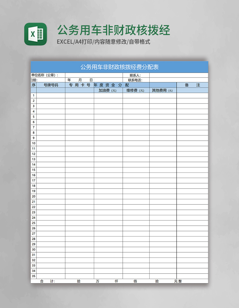 公务用车非财政核拨经费表excel表格
