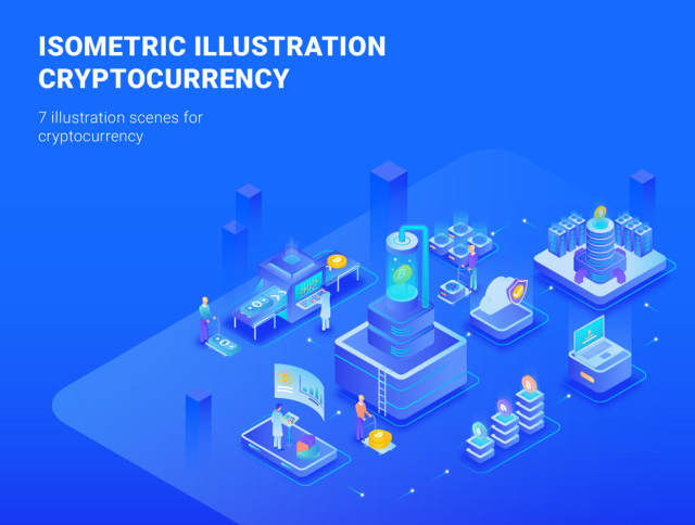 7场景等距插图为加密货币业务准备使用和定制，加密货币等距图 - 第1部分
