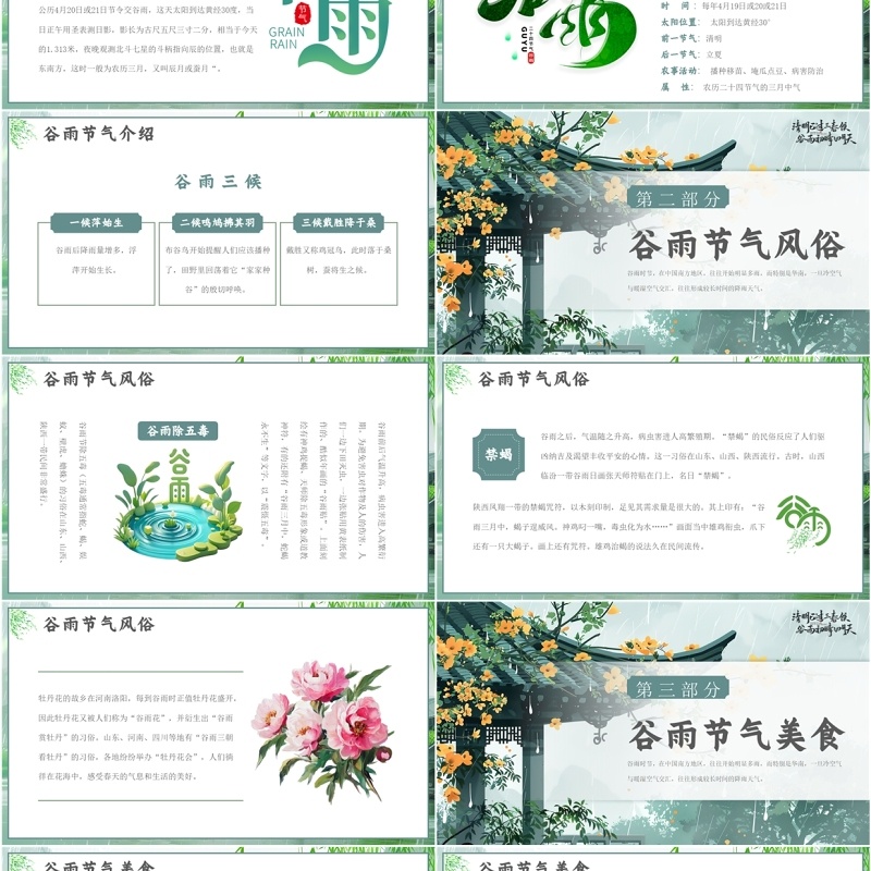 绿色中国风二十四节气之谷雨介绍PPT模板