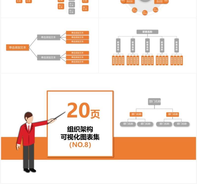 20页橙色企业组织架构可视化图表集PPT模板