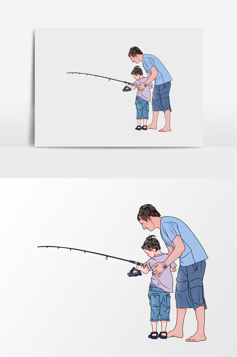 手绘漫画爸爸女儿钓鱼