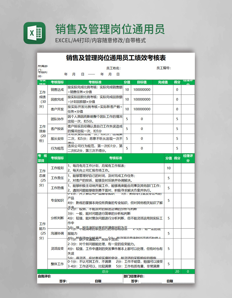 销售及管理岗位通用员工绩效考核表excel表格模板