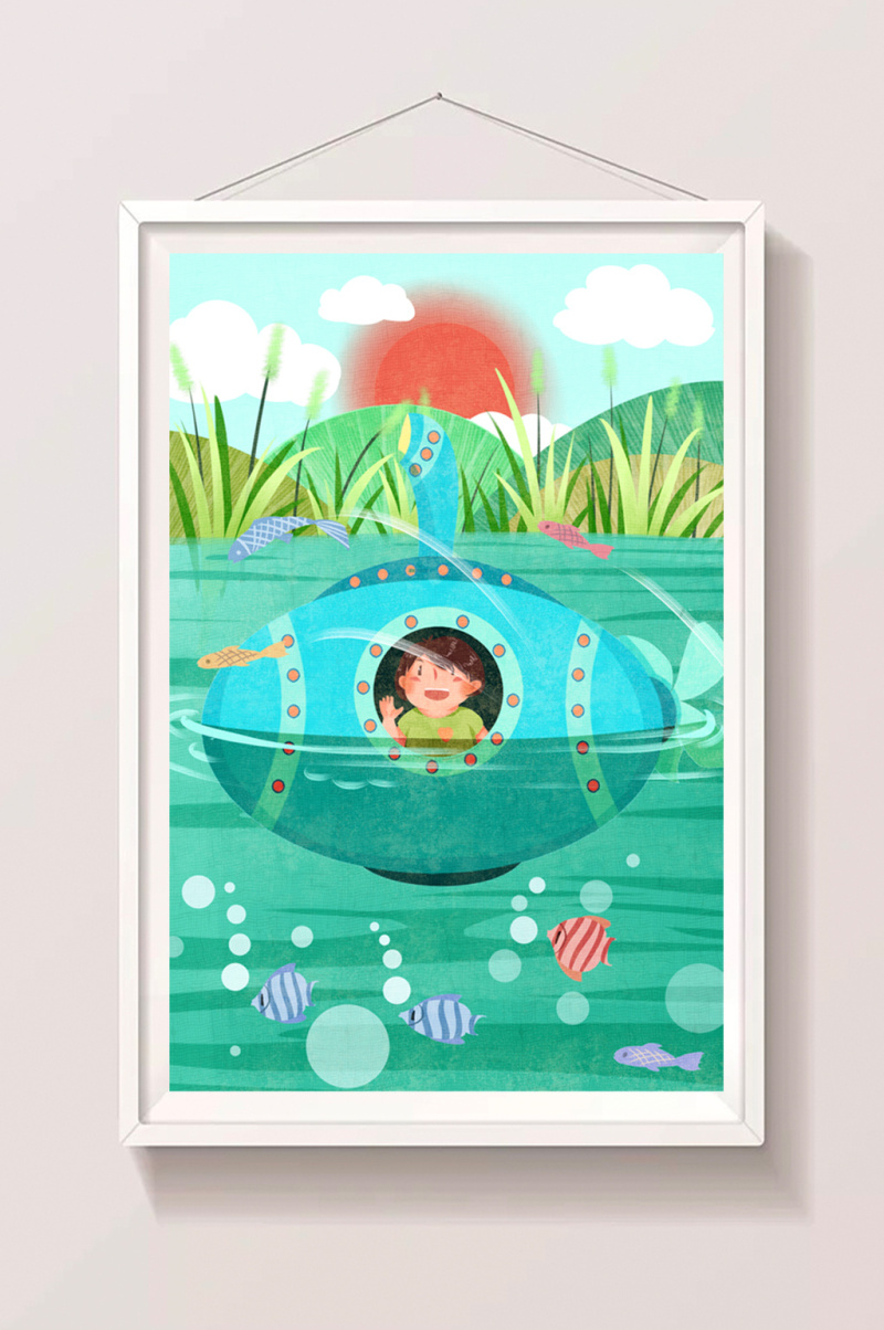 清新可爱卡通男孩暑假潜艇水中游玩插画