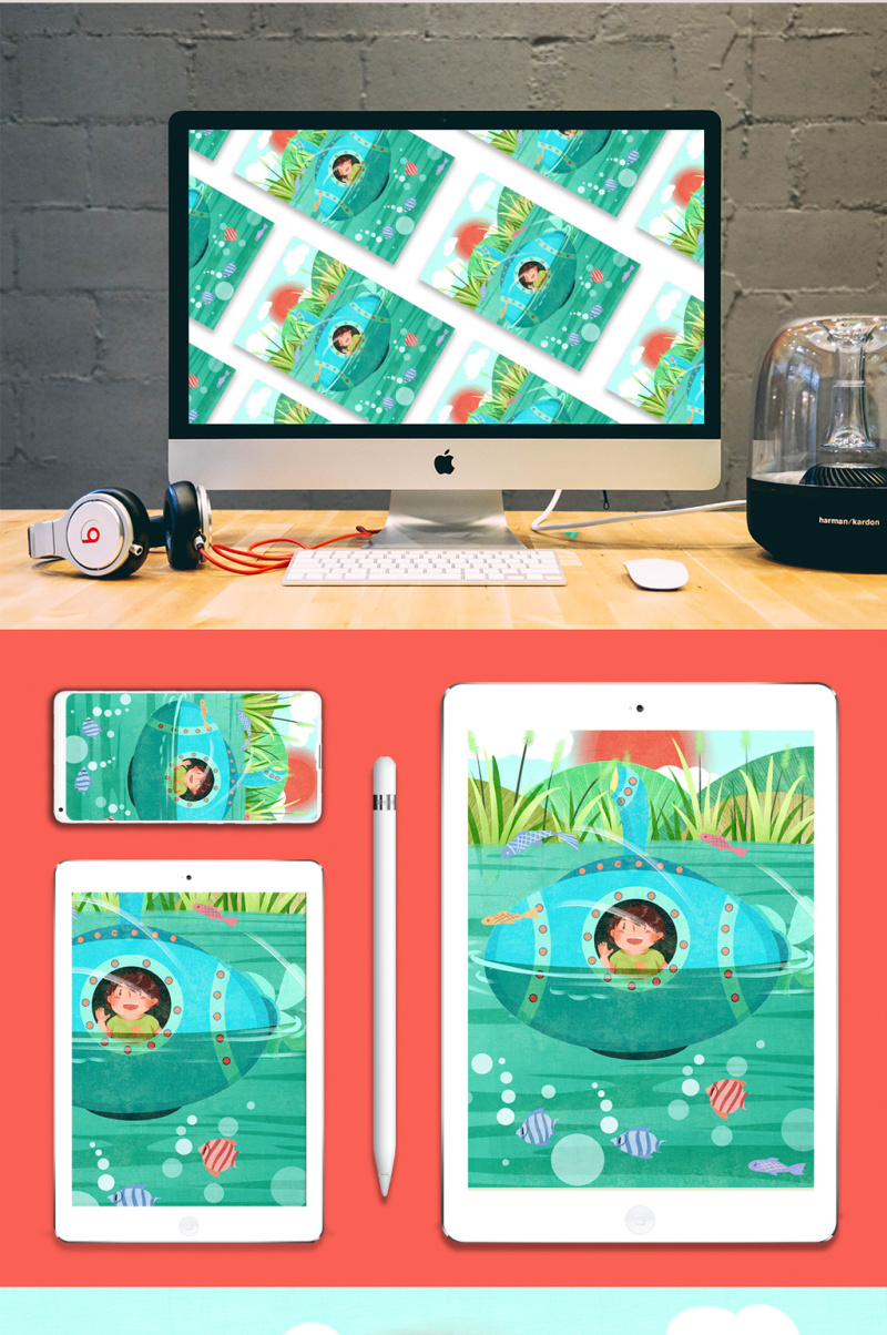 清新可爱卡通男孩暑假潜艇水中游玩插画