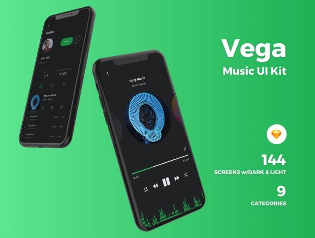 高品质的音乐应用程序IOS UI工具包专为Sketch。，Vega Music IOS UI工具包而设计