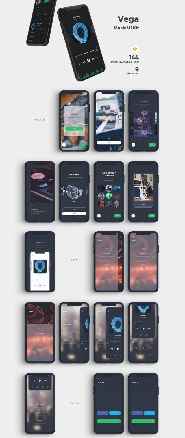 高品质的音乐应用程序IOS UI工具包专为Sketch。,Vega Music IOS UI工具包而设计 高品质的音乐应用程序IOS UI工具包专为Sketch。,Vega Music IOS UI工具包而设计