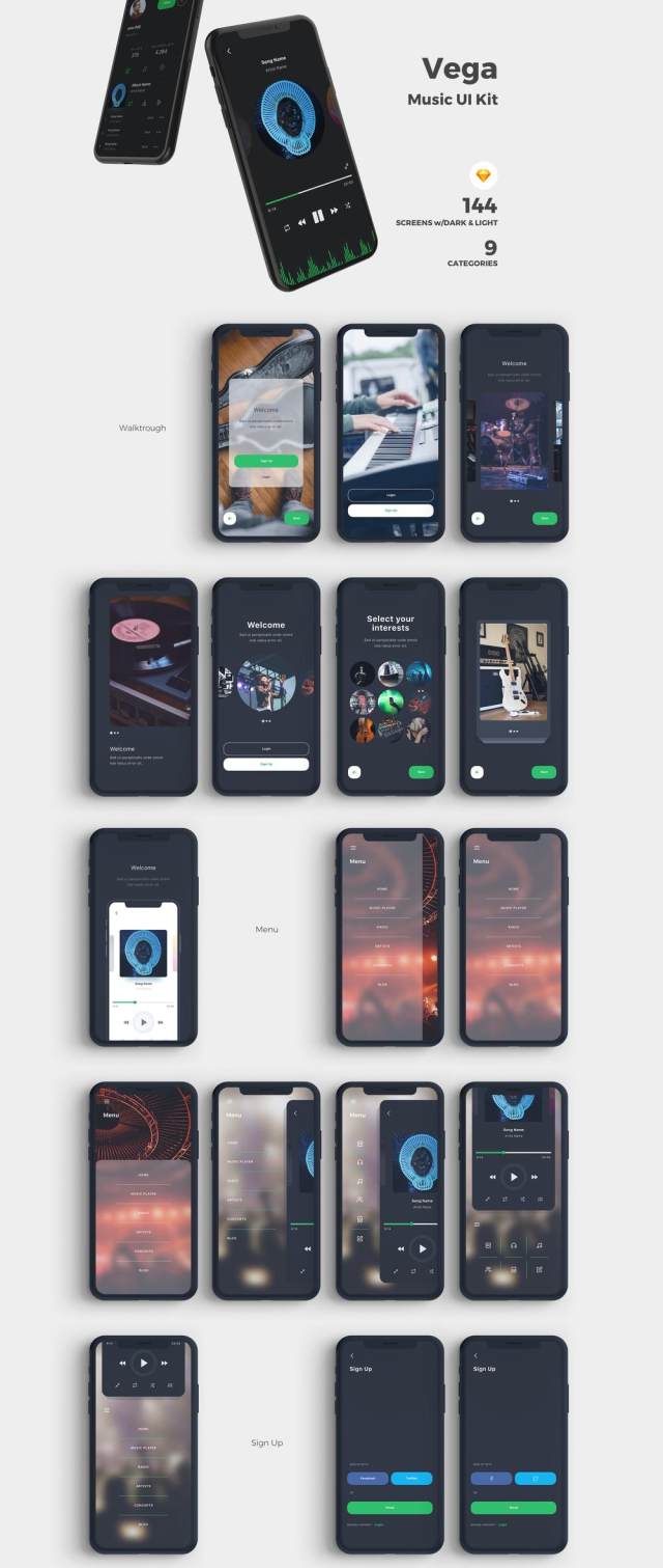 高品质的音乐应用程序IOS UI工具包专为Sketch。，Vega Music IOS UI工具包而设计