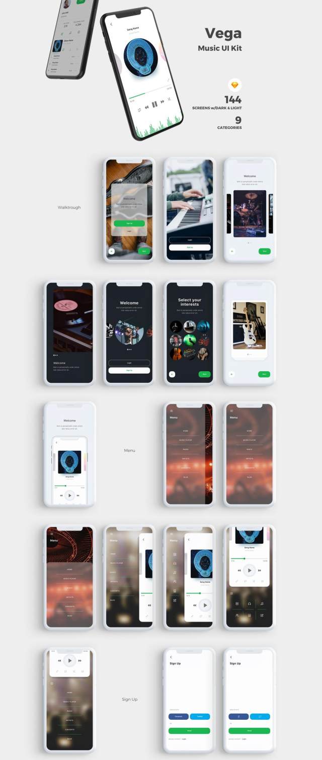 高品质的音乐应用程序IOS UI工具包专为Sketch。,Vega Music IOS UI工具包而设计 高品质的音乐应用程序IOS UI工具包专为Sketch。,Vega Music IOS UI工具包而设计