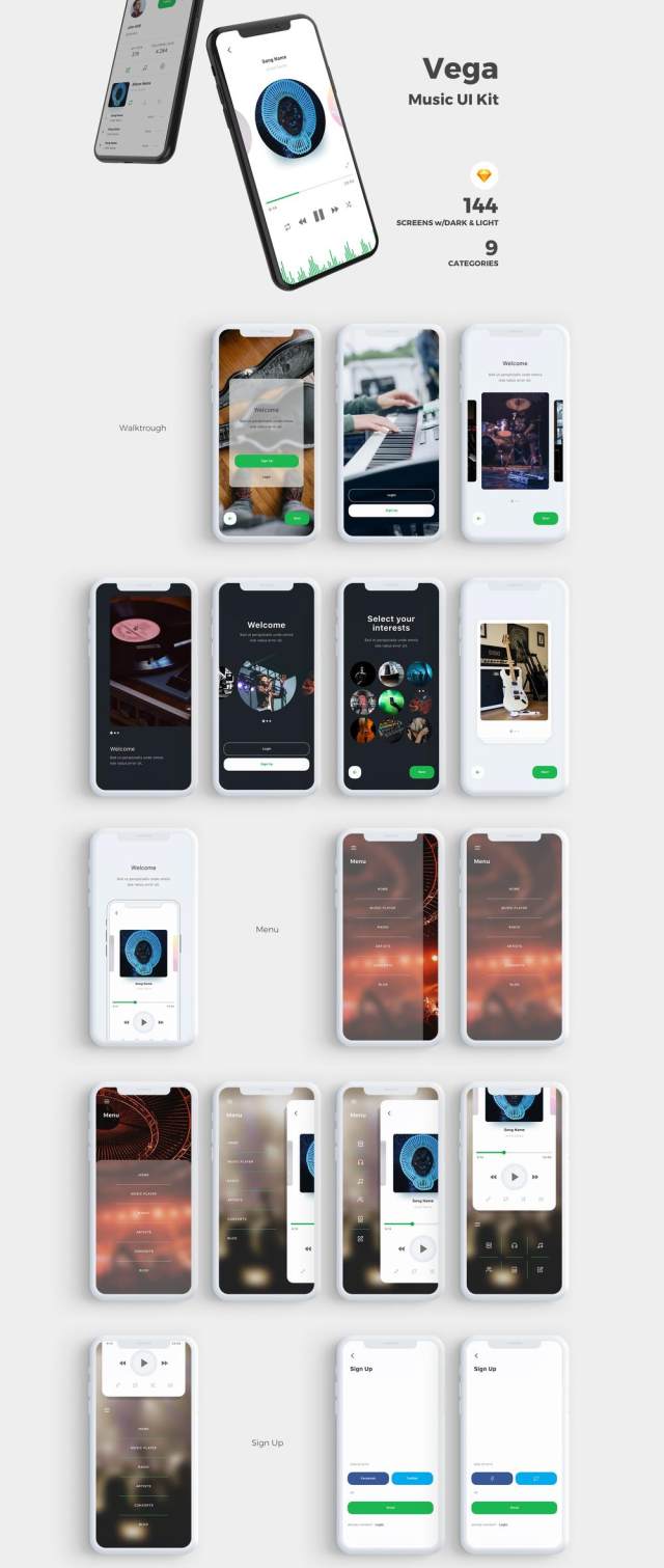 高品质的音乐应用程序IOS UI工具包专为Sketch。，Vega Music IOS UI工具包而设计