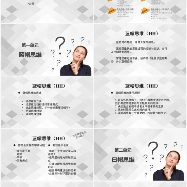 灰白色简约六顶思考帽工作培训PPT模板 灰白色简约六顶思考帽工作培训PPT模板