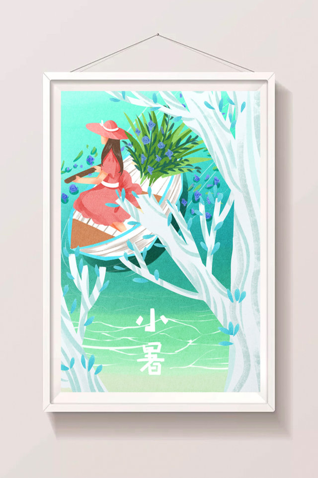 唯美清新女性夏天湖面划船插画 唯美清新女性夏天湖面划船插画