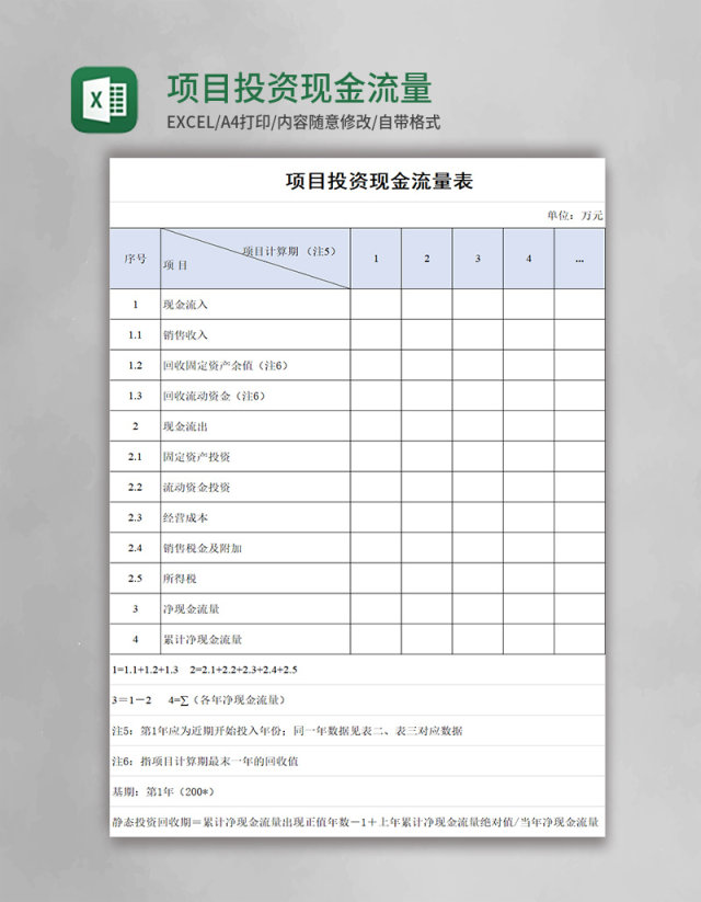 项目投资现金流量表excel模板