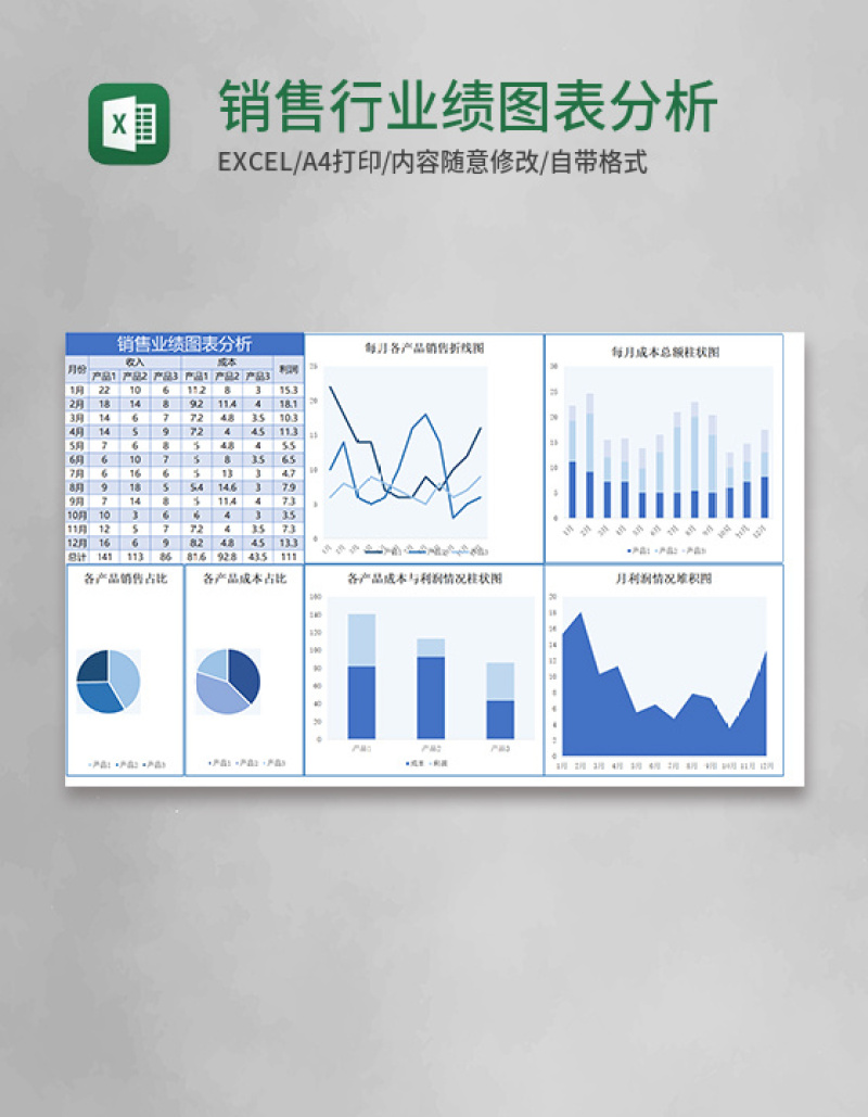 销售行业绩图表分析Excel模板