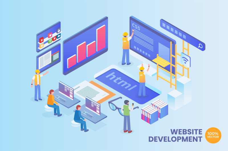 2.5D等距网站网页技术开发矢量AI插画素材场景概念Isometric Web Development Vector Concept