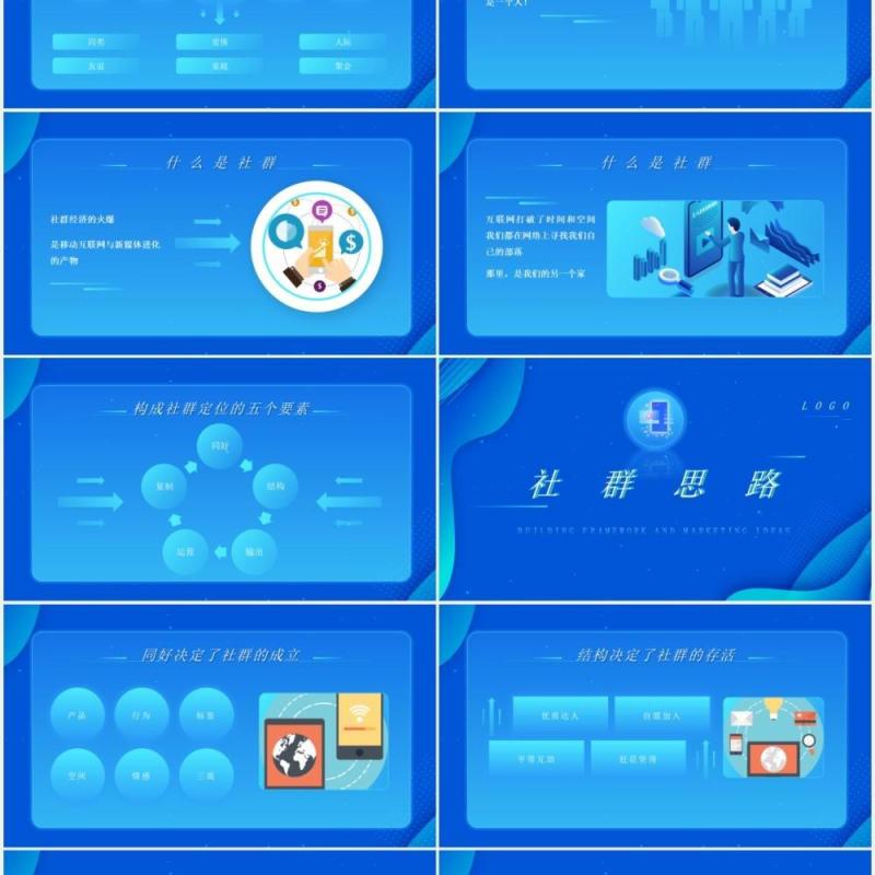 蓝色渐变搭建框架和社群营销思路运营PPT模板
