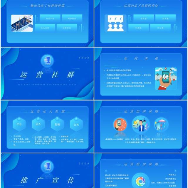 蓝色渐变搭建框架和社群营销思路运营PPT模板