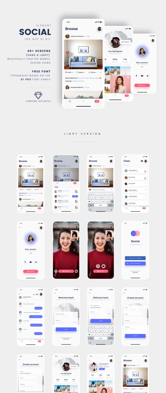 适用于Sketch，Social iOS App UI Kit的社交iOS App UI套件