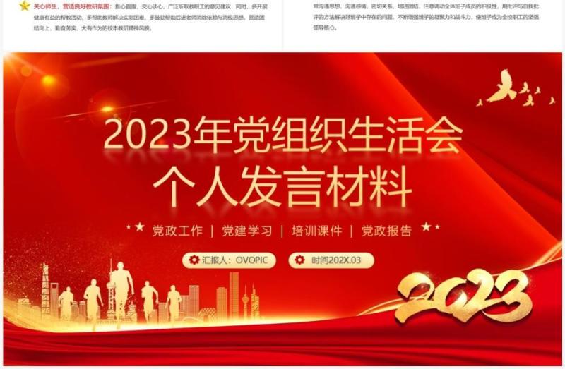 红色2023年党组织生活会个人发言材料PPT模板