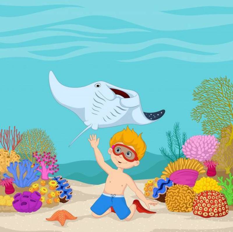 动画片小男孩潜水在水下的热带海