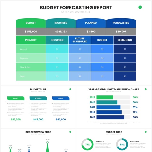 蓝绿色财务预算信息图表PPT模板Budge Slides