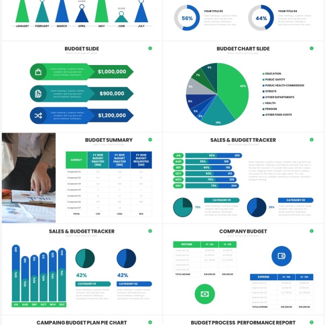 蓝绿色财务预算信息图表PPT模板Budge Slides