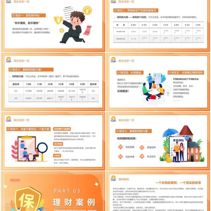 橙色插画风保险与家庭理财PPT模板