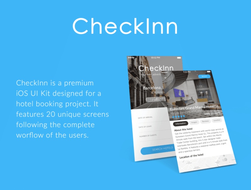 20 iOS手机屏幕上的酒店预订UI套件,登记 20 iOS手机屏幕上的酒店预订UI套件,登记