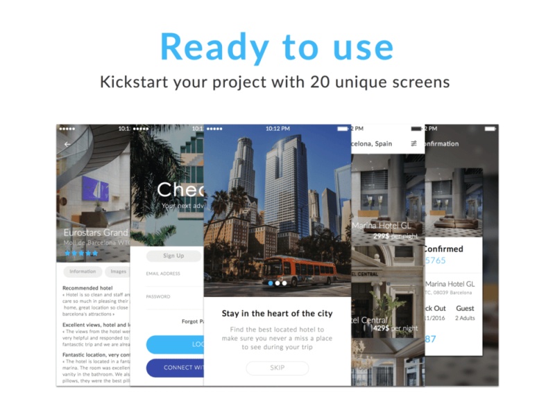 20 iOS手机屏幕上的酒店预订UI套件,登记 20 iOS手机屏幕上的酒店预订UI套件,登记