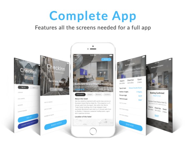 20 iOS手机屏幕上的酒店预订UI套件，登记