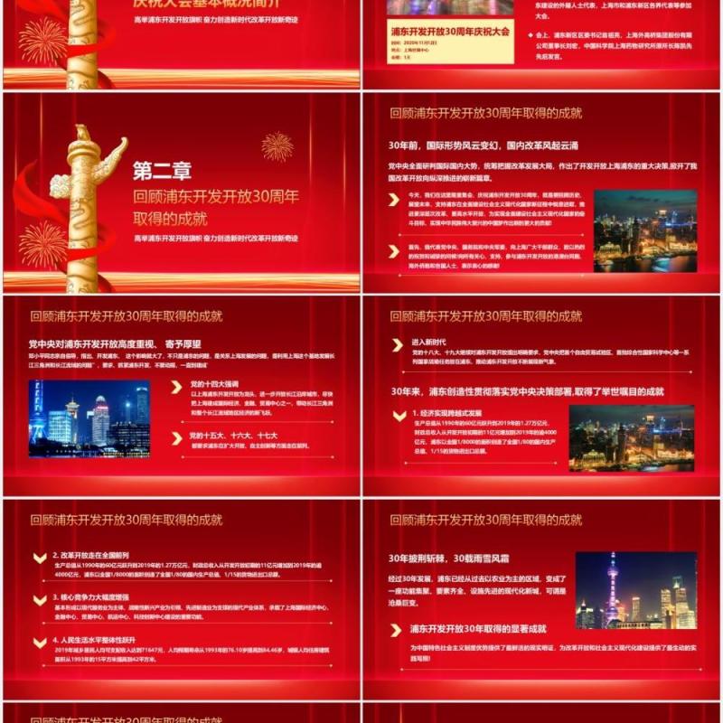 红色喜庆简约浦东开发开放三十周年PPT模板