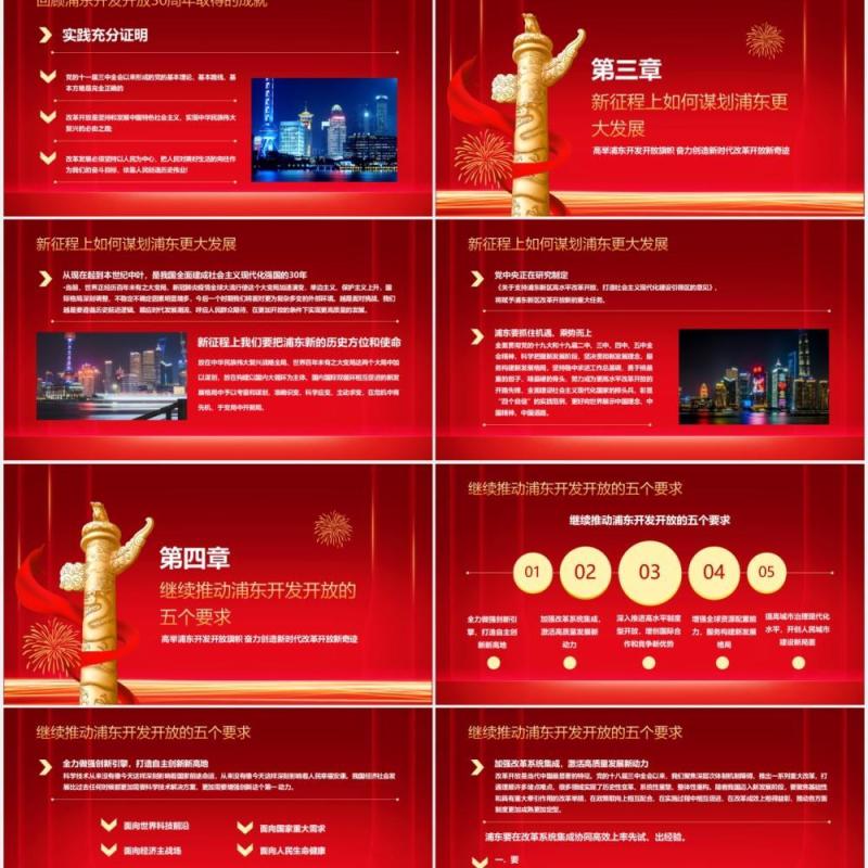 红色喜庆简约浦东开发开放三十周年PPT模板